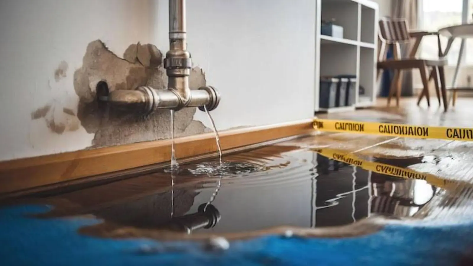 Leaking pipe fitting with caution tape around water spreading on the floor