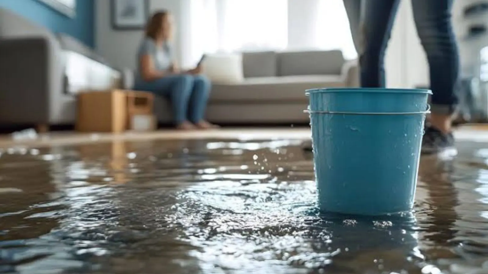 Bucket standing in water on a living room floor, with a person sitting on a sofa behind it