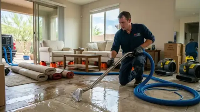 Technician using an extraction wand and blue hose on a wet living room floor, with air movers and rolled-up rugs nearby