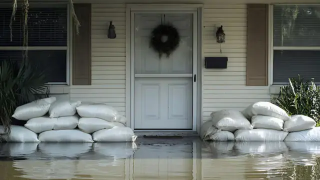 Sandbags stacked at a front door with floodwater at the threshold