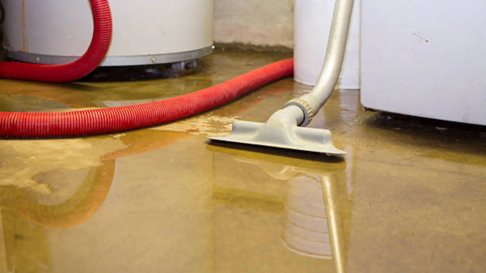 Wet vacuum with a red hose pulling water off a flooded floor